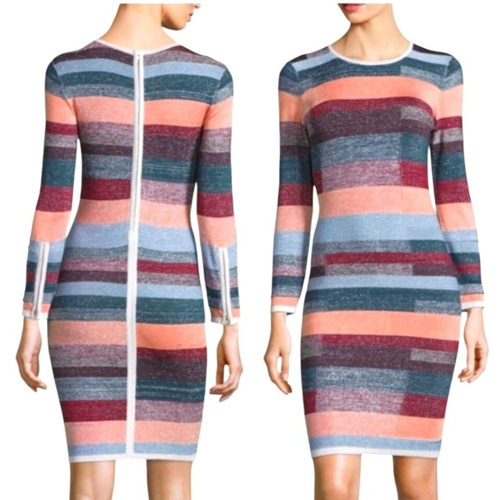 Parker Lynn Metallic Striped Dress Womens XS‎ Multi Colorblock Long Sleeve Lurex